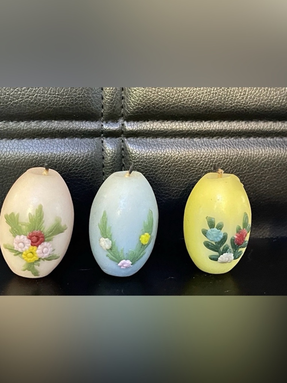 Set of 3 Vintage Floral Wax Easter Egg Candles - Pastel Yellow, Blue, Ivory
